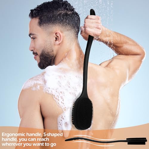 VWMYQ Back Scrubber for Shower, New Update Double Sided Body Scrub Brush Long Handle with Soft Silicone Bristles and Stiff Nylon Bristles for Shower Exfoliating and Massage Can Produce More Rich Foam