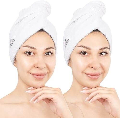 American Soft Linen 100% Cotton Hair Towels for Women, Head Towel Cap, Cotton Hair Turban Towel Wrap for Long Curly Anti Frizz Hair, Soft and Absorbent Cotton Hair Towels 2 Pack, White