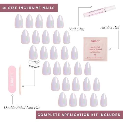 Glamnetic Press On Nails - Entranced | Short Almond White Holographic Fake Nails, Semi-Transparent, Reusable | 15 Sizes - 30 Nail Kit with Glue