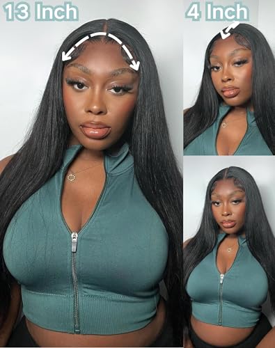 Amyes 30 Inch Straight Lace Front Wigs Human Hair 13x4 HD Lace Front Wig Pre Plucked 200 Density Glueless Wigs for Black Women Synthetic Mixed with Human Hair Wigs （Natural Black）