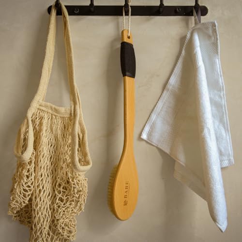 Bare Botanics 17" Dry Brushing Body Brush - Medium Firmness, Natural Color & Silicone Grip - Extra Long Bath Brush - Ergonomic Curved Handle Design w/Hang Rope - Back Scrubber for Shower