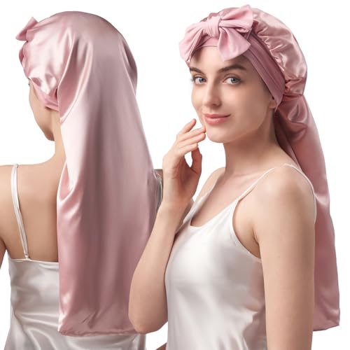 YFONG 22 Momme 100% Mulberry Silk Bonnet for Sleeping Women Long Hair, Double-Layered Silk Hair Bonnet with Elastic Tie Band, Extra Long Sleep Cap for Braids Curly Hair Care, 1Pc, Pink