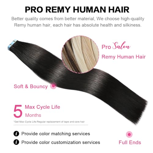 SUYYA Tape in Hair Extensions Natural Black 100% Remy Human 20 inches 20pcs 50g/pack Straight Seamless Skin Weft Hair(20 #1B Off Black)