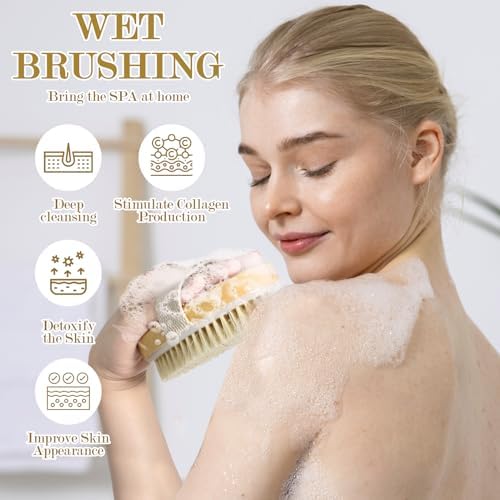 4pcs Dry Brushing Body Brush, Natural Bristle Dry Skin Exfoliating Brush Body Scrub for Flawless Skin, Cellulite Treatment, Lymphatic Drainage and Blood Circulation Improvement, White