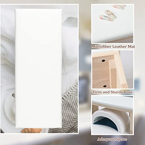 Arm Rest for Nail Techs, Professional Microfiber Leather Nail Arm Rest Cushion with Soft High-Density Sponge Solid Wood Table Non-Slip Manicure Hand Rest Stand for Nail Supplies (White)