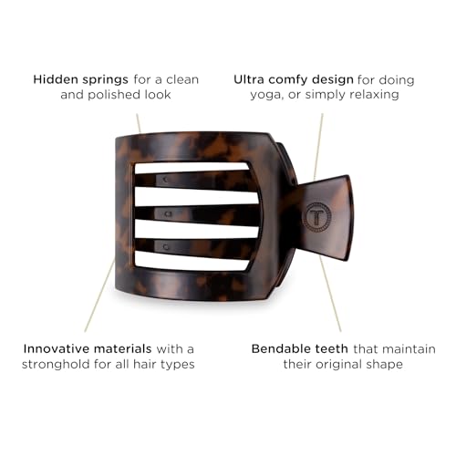 TELETIES - Large Flat Square Clip - For Lying Down, Yoga, Driving & More - Strong Grip, Bendable Teeth, Comfortable Curved Design - Ideal for Thick Hair - Core Collection - Tortoise