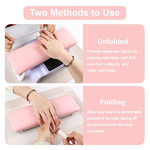 ANGNYA Nail Arm Rest for Nails Tech, Foldable Hand Stand for Nail Tech with PVC Table Mat Microfiber Leather Nail Arm Rest with Bracket Manicure Arm Rest for Nail Salon Technician (Pink)