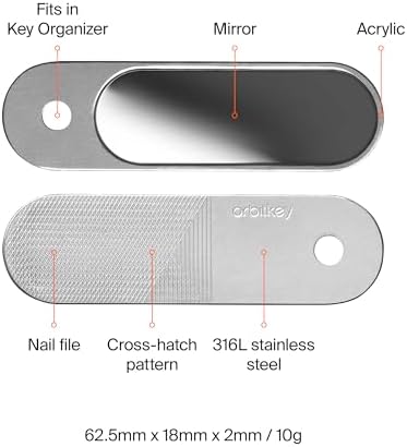 Orbitkey Nail File & Mirror for Key Organizer or Key Ring, Add On | 2-in-1 Compact Beauty Tool Nail File & Mirror | Made with Stainless Steel, Slim and Durable