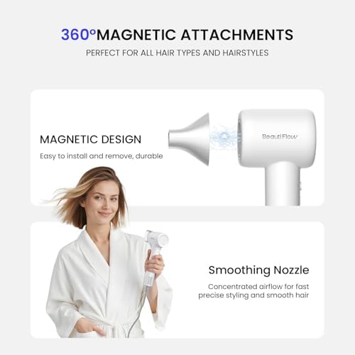 Beauti Flow Hair Dryer, High-Speed Ionic Blow Dryer, 110,000 RPM Low Noise Thermo-Control HairDryer, for Curly Hair for Home Travel Salon, No Heat Damage Care