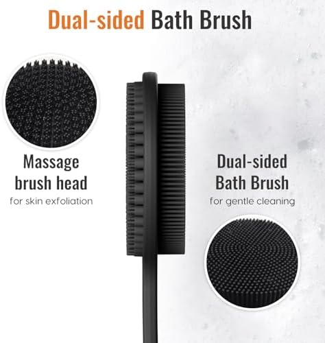 VWMYQ Silicone Back Scrubber for Shower, 17in Lengthen Long Handle Body Brush, Double Sided Shower Brush for Shower Exfoliating and Massage Can Produce Rich Foam, Long Handle Back Scrubber for Men