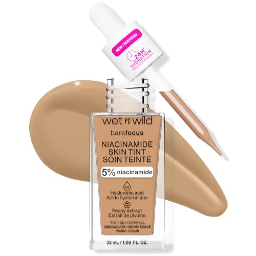 wet n wild Bare Focus Skin Tint, 5% Niacinamide Enriched, Buildable Sheer Lightweight Coverage, Natural Radiant Finish, Hyaluronic & Vitamin Hydration Boost, Cruelty-Free & Vegan - Toffee