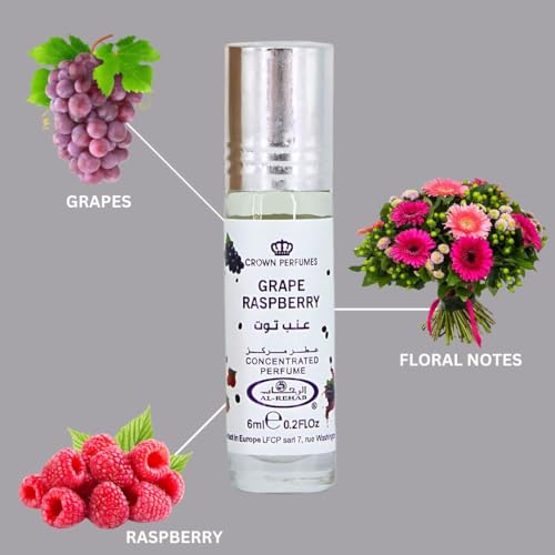 Al-Rehab Grape Raspberry Arabian Perfume Oils for Women 6ML (0.2 OZ) (Pack of 3) Fragrance Oil - Fruity, Floral & Sweet Concentrated Perfume Oil - Long-Lasting, Vibrant and Exotic Arabian Fragrance