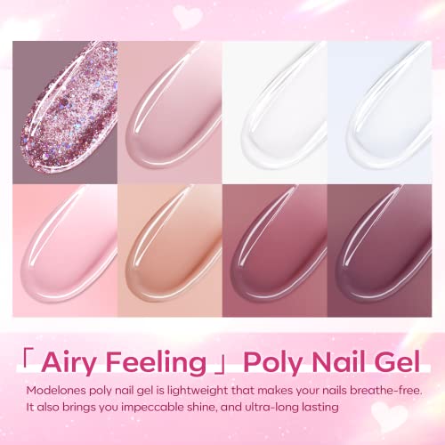 Modelones Poly Nail Gel Kit 8 Rosy Pink Colors with 48W U V/LED Lamp Poly Extension Gel Complete Nail Art Tools Professional Starter Manicure Kit Supplies Rhinestone Glitters Beauty Gift DIY at Home