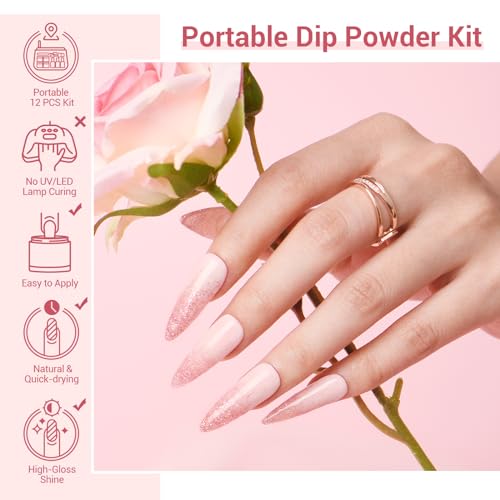 AZUREBEAUTY 4 Colors Dip Powder Nail Kit Starter, Transparent Nude Neutral Pink Glitter, Dipping Powder Set All Seasons, French Nail Art Base Top Coat Activator Liquid Manicure DIY Salon 12 PCS