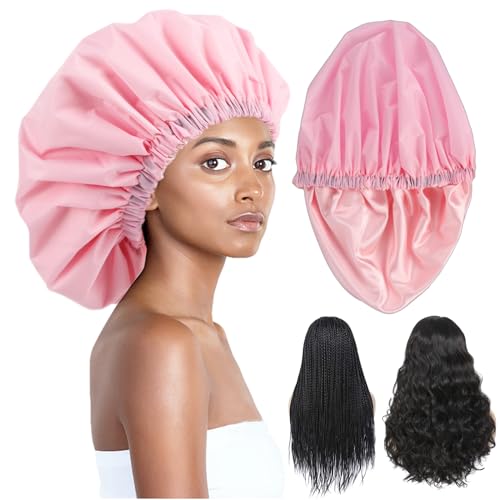 Adjustable Shower Caps for Women Reusable Waterproof Satin Lining Extra Large Shower Cap for Women and Men Long Hair Braids Curly Hair (Xl,Pink)