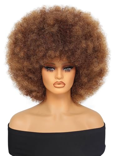 Afro Wig 14Inch Afro Wigs for Black Women 70s Mixed Brown Afro Kinky Curly Wig Bouncy Huge Fluffy Puff Wigs Synthetic Hair for Cosplay Daily and Party (Mixed Brown)