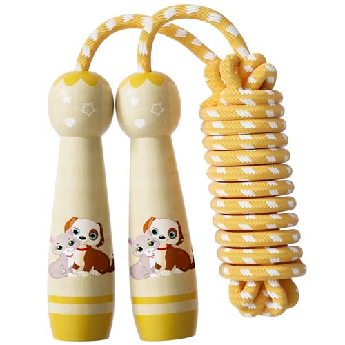 Jump Rope for Kids-Adjustable Cotton Braided Skipping Rope with Wooden Handle for Toddler Fitness Workout Exercise Outdoor Activity