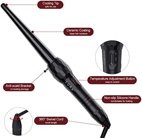 LURA Ceramic Tourmaline Coating Curling Wand, 1/2-1 Inch Barrel Hair Curler with 2 Heat Setting (320/410℉), Suitable for All Hair Types