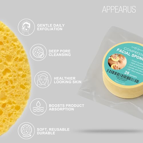 Appearus Natural Cellulose Facial Sponges – 25 Pack (Compressed) – Professional Spa Facial Sponge Pads for Cleansing, Exfoliating, Makeup Removal – Natural Yellow – Gentle on Sensitive Skin