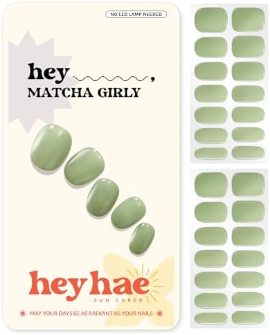 Semi Cured Gel Nail Strips | No LED Lamp Needed | Solid, Green, Spring | Easy Apply & Remove, Salon Quality | Includes 28 Strips, 1 Prep Pads, Nail File & Wooden Stick - Hey, Matcha Girly