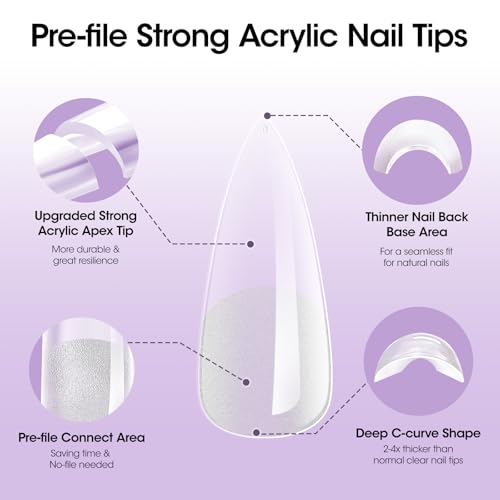 Gellen Long Almond Tipex Nail Tips, 320pcs Instant Apex Nail Tips, 16 Sizes Pre-builder Gel Tips Long Stiletto Almond Strong Full Cover False Nail Tips Gel Extension Tips for Flat Nails