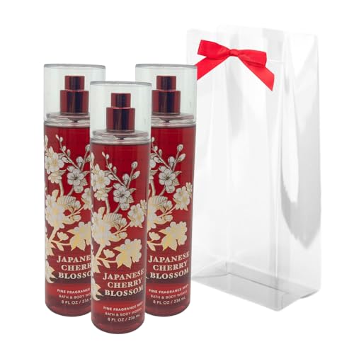 Bath & Body Works JAPANESE CHERRY BLOSSOM Fine Fragrance Mist Gift Set with a Red Bow for Holiday & Gifts - Pack of 3