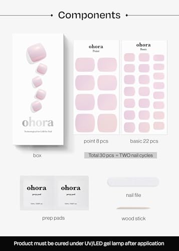 ohora Semi Cured Gel Nail Strips (P Ballerina) - Pink, Solid, Works with Any UV/LED Nail Lamps, Salon-Quality, Long Lasting, Easy to Apply & Remove - Includes 2 Prep Pads, Nail File & Wooden Stick