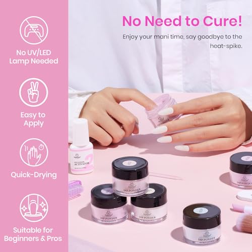 Beetles Dip Powder Nail Kit, 6 Colors Pink White Purple Powder Dipping Set Spring Colors for All Seasons, Blue Pink Glitter DIY Art Manicure No Need Nail Lamp Cured Gifts for Women