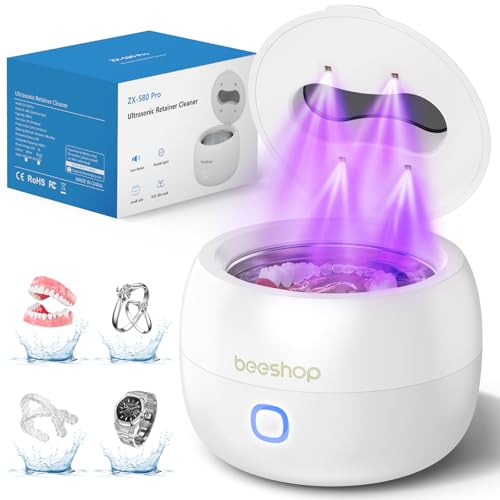 BEESHOP Ultrasonic Retainer Cleaner - 45kHz Retainer Cleaner Machine for Dentures, Mouth Guards, Night Guard, Braces, Aligner, Jewelry, 3 Modes Denture Cleaner & 200ML Dental Cleaning Pod (White)