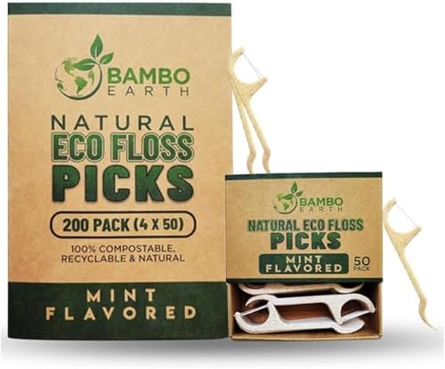 Natural Dental Floss Picks - Eco Friendly Cruelty Free & Vegan Tooth Flossers Pick Set with BPA Free Handle & Zero Waste Packaging - 200 Pack (Mint Flavored)