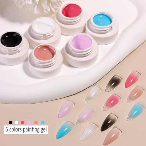 Ombre Gel Nail Polish Kit, 6PCS Colorful Painting Nail Gel Black White Pink Paint Gel for Nails Gradient Design Soak Off UV Pastel Nail Polish Set with Ombre Sponge Nail Brush French Tip Guide