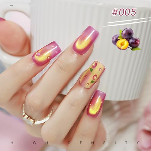 MIZHSE Cat Eye Gel Nail Polish, Fruit Colors Magnetic Gel Polish Set with Magnet, Neon Cateye Effect Green Purple Yellow Soak Off Nail Art Manicure Home Gift for Ladies