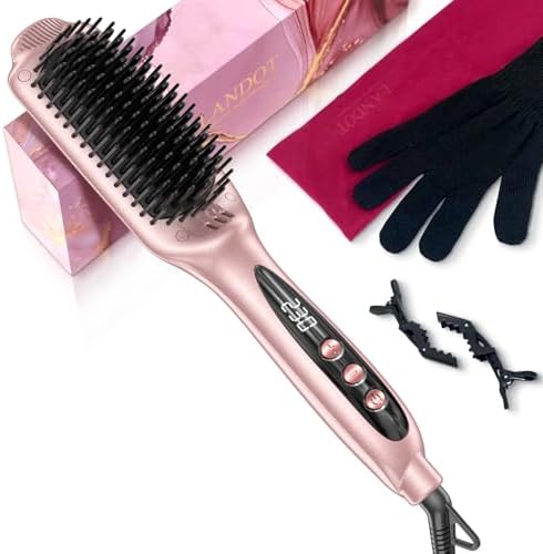 LANDOT Inoic Hair Straightener Brush for Smooth, Frizz-Free Results - Electric Heated Ceramic Straightening Brush Dual Voltage - Fast Heating Adjust Temp 250-450F for All Hair Types
