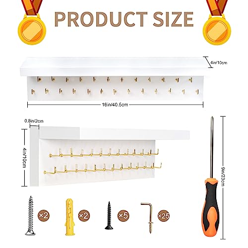 DSVENROLY Medal Holder Display Trophy Shelf Organizer,Sturdy Wooden Medal Trophy Hanger Rack with 25 Steel Hooks, Wall Mount Medal Hanger for Race Medals Trophies Easy to Install(Brown)