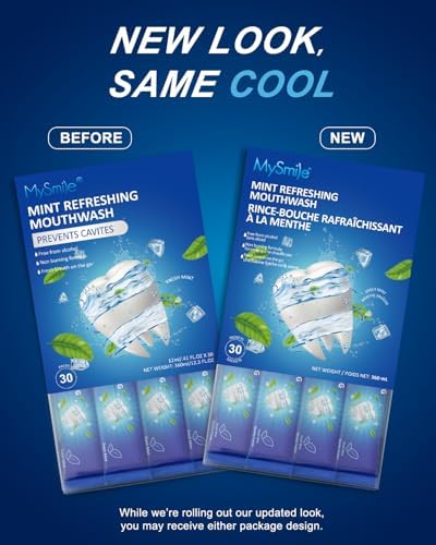 MySmile Mouthwash Alcohol Free, Mouth Wash for Adults, Travel Mouthwash, Oral Rinse Helps Kill 99% of Bad Breath Germs, Prevents Cavities, Fluoride Free, Fresh Mint, 30 Uses