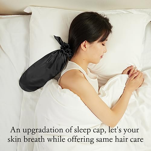 LILYSILK 100% Silk Bonnet for Sleeping & Daily Usage, 2-in-1 Silk Hair Ties with Silk Scrunchies for Long and Curly Hair Elastic Adjustable for Women Ladies and Girls Black