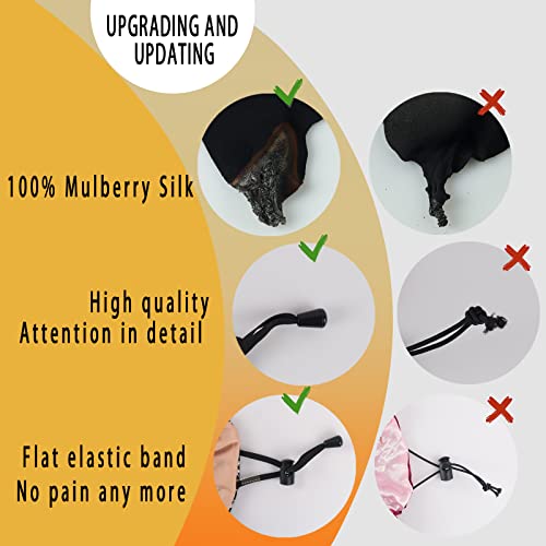 22 Momme 100% Mulberry Silk Bonnet Hair Wrap for Sleeping, Adjustable Silk Scrunchies Sleep Cap for Women Men Hair Care, Head Scarf Night Caps with Elastic Stay On Head, 1Pc(Black,Black)