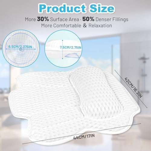 Bath Pillows for Tub, Bath Tub Pillow for Support Neck/Back/Shoulder, 6 Non-Slip Suction Cups & Hook & Soft 4D Air Mesh Fabric - Fits All Bathtubs Shapes