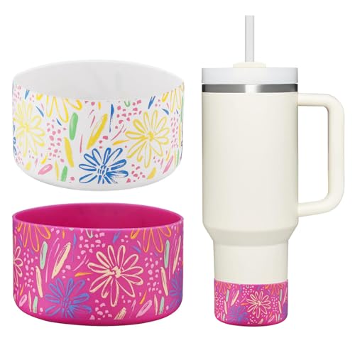 2 Pcs Tumbler Bottom Protector Boot for Stanley Quencher Adventure 40oz & Stanley IceFlow 20oz 30oz and Compatible with Hydro Flask Water Bottle 12oz 21oz 24oz Stealth Landing(White/carnation flower)