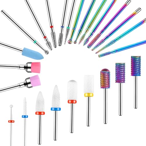 25Pcs Nail Drill Bits Set, 3/32 Inch Tungsten Ceramic Diamond Carbide Nail Drill Bits for Acrylic Gel Polish, Cuticle Efile Remover for Manicure Pedicure