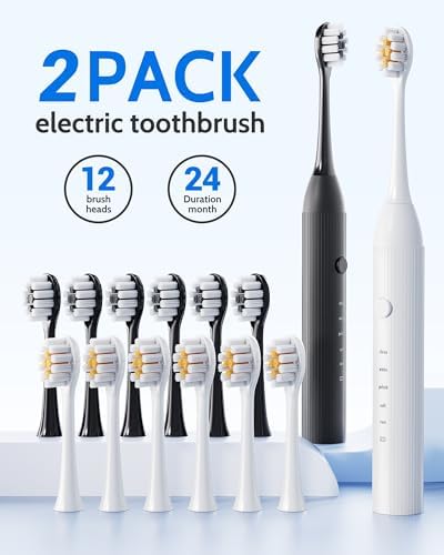 2 Pack Electric Toothbrush for Adults and Kids - Rechargeable Kids Ages 12+ and Adults with 12 Brush Heads & 2 Electric Toothbrush, 90 Days Battery Life - Black and White