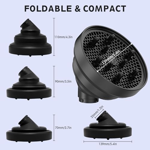 KingKam Upgraded Diffuser Attachment for Dyson Airwrap, Collapsible Foldable Hair Diffuser Nozzle for Airwrap, Converts for Dyson Airwrap to Hair Dryer, Travel and Portable - Black