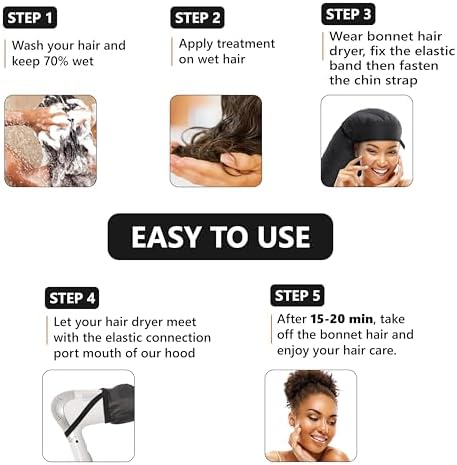 Large Hooded Hair Dryer Bonnet w/Integrated Headband - Reduces Heat Exposure Around Ears & Neck - Enhanced Size for Use with Rollers, Speeds Up Drying Time, Safe Deep Conditioning at Home, Adjustable