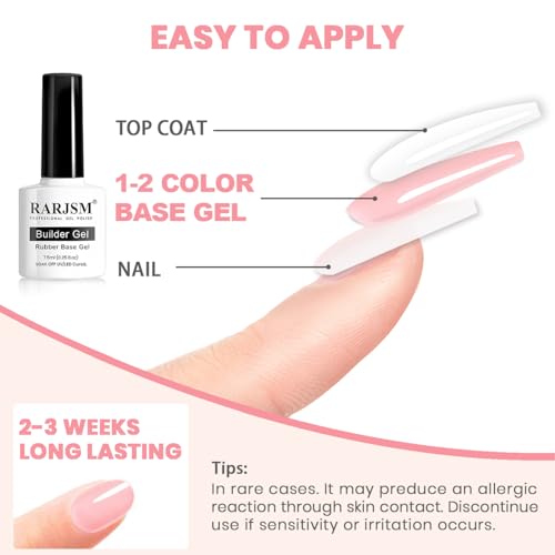 RARJSM Nude Rubber Base Gel Nail Polish Set Clear Sheer Milky White Opaque Pink Builder Base Gel in a Bottle Hard Extension Gel Skin Tone 6 Netural Colors Cured for Nails at Home Salon DIY Beginner
