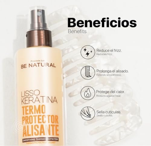 Be Natural Lisso Keratina Heat Protectant Spray for Hair Smoothing, Sulfate-Free, 8.45 fl oz. Termoprotector alisante