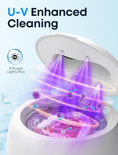 BEESHOP Ultrasonic Retainer Cleaner - 45kHz Retainer Cleaner Machine for Dentures, Mouth Guards, Night Guard, Braces, Aligner, Jewelry, 3 Modes Denture Cleaner & 200ML Dental Cleaning Pod (White)