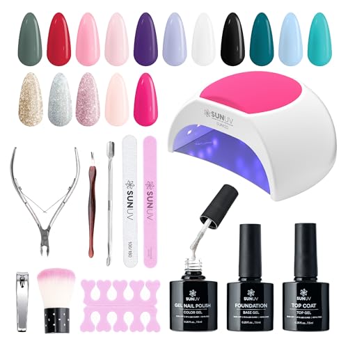 SUNUV Gel Nail Polish Kit with UV Light for Nails SUN2C 48W, 16 Colors Gel Polish Sets, Base and Top Coat with 8 PCS Manicure Tools Gift for Women