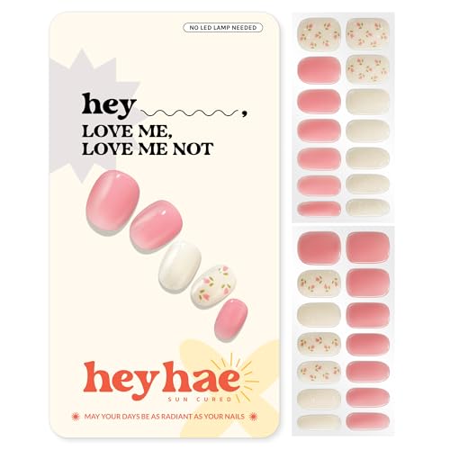 Semi Cured Gel Nail Strips | No LED Lamp Needed | Easy Apply & Remove, Salon Quality | Includes 28 Strips, 1 Prep Pads, Nail File & Wooden stick - Hey, Love Me, Love Me Not