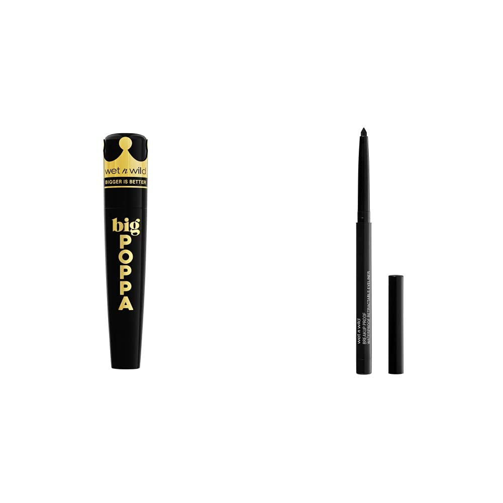 wet n wild Big Poppa Mascara, Blackest Black, 0.27 Fl Oz + wet n wild Mega Last Breakup-Proof Retractable Eyeliner, Blackest Black