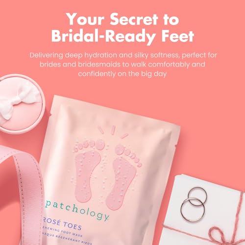 Patchology Rosé Toes Moisturizing Foot Mask – Shea Butter & Strawberry Scented Booties for Dry, Cracked Feet, Disposable Spa Socks with Resveratrol for Soothing Foot Care, Self-Care Essentials